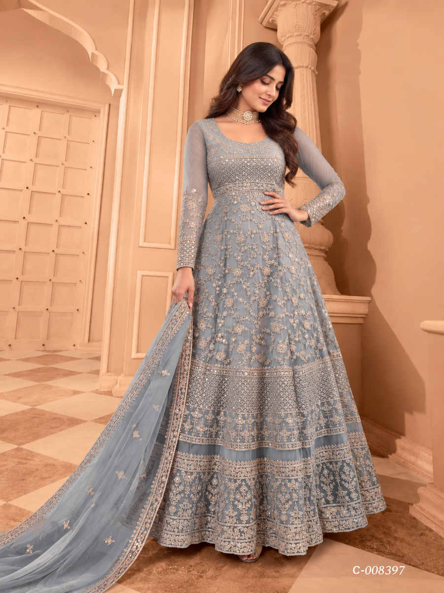SAVENA Embroidered Anarkali Suit Set - Blue