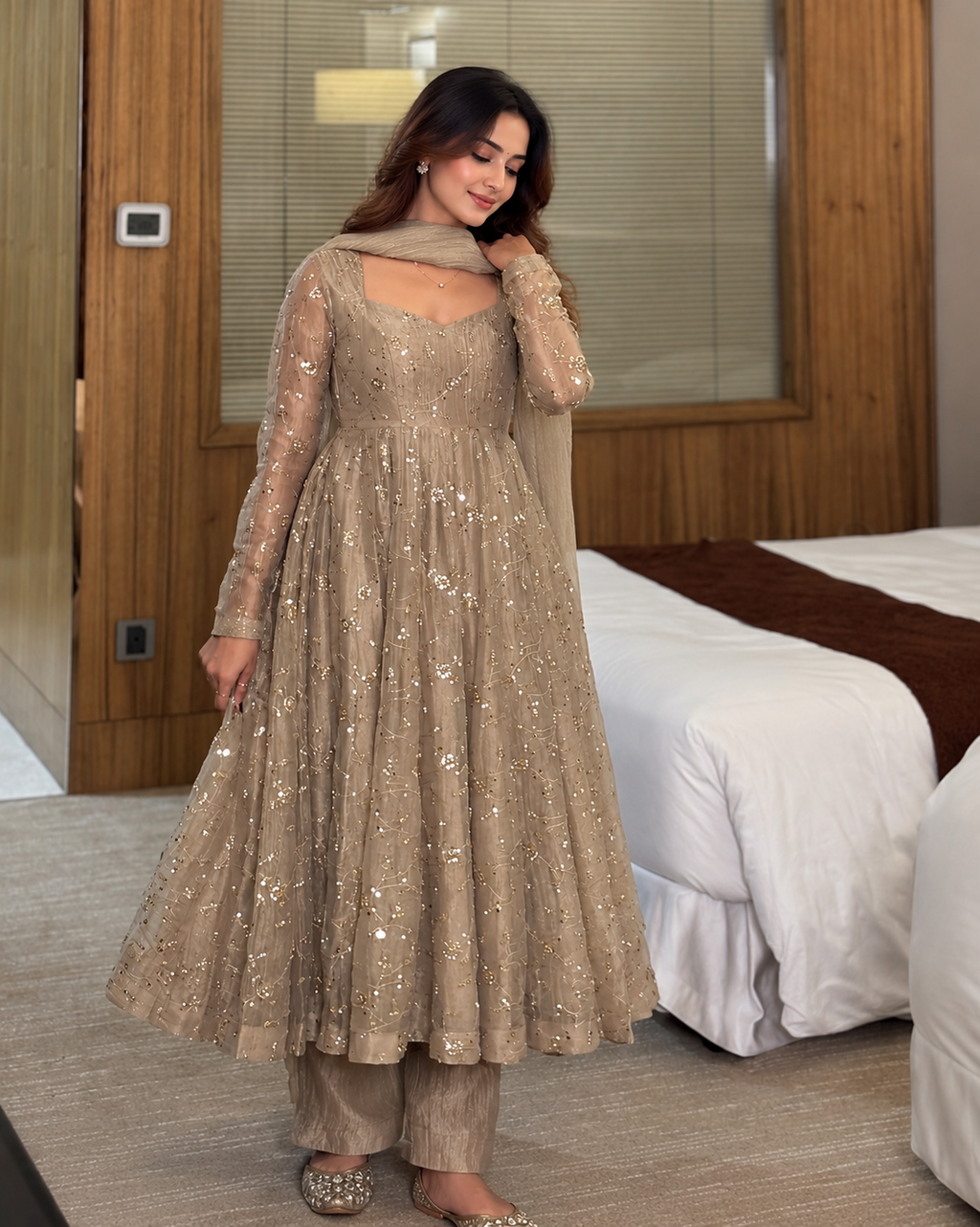 Savena Anarkali Gown Set - Fabric and Set Flat Lay