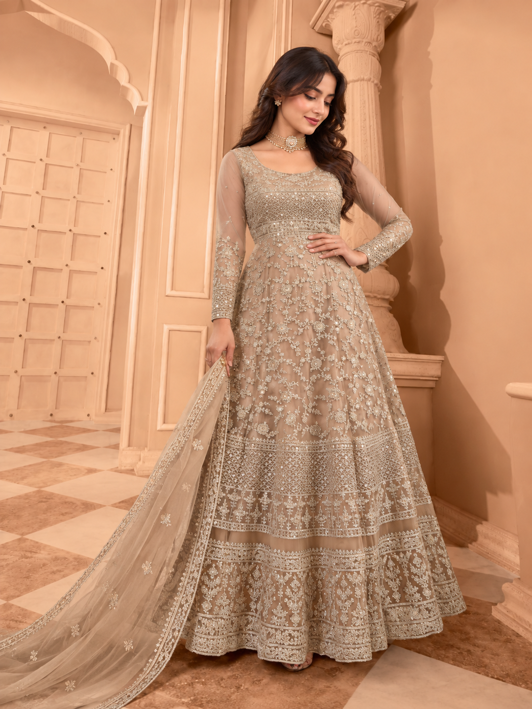 SAVENA Embroidered Anarkali Suit Set - Beige