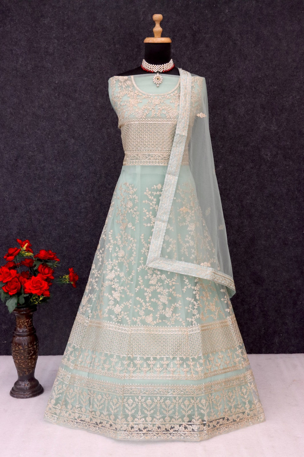 SAVENA Embroidered Anarkali Suit Set - Mint Green Mannequin