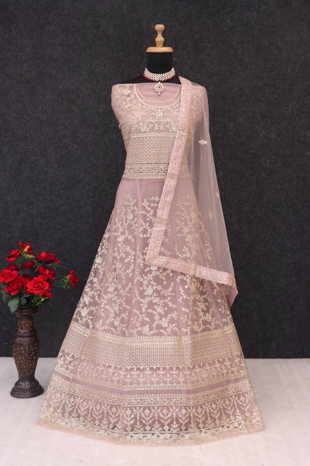 SAVENA Embroidered Anarkali Suit Set - Dusty Pink Mannequin