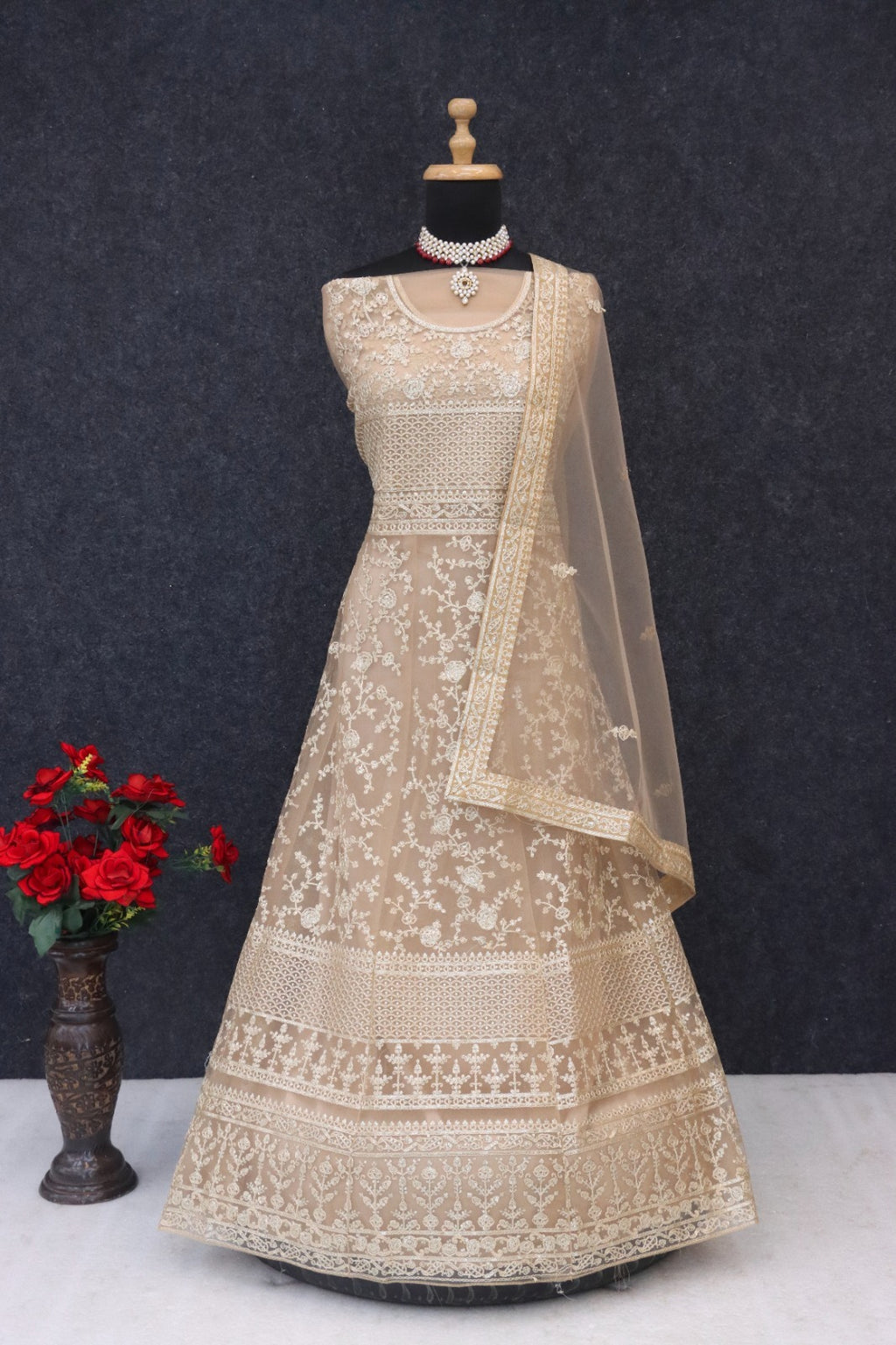 SAVENA Embroidered Anarkali Suit Set - Beige Mannequin