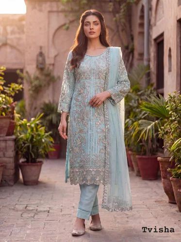 Designer Embroidered Palazzo Suit – 3-Piece Net Suit with Moti Work