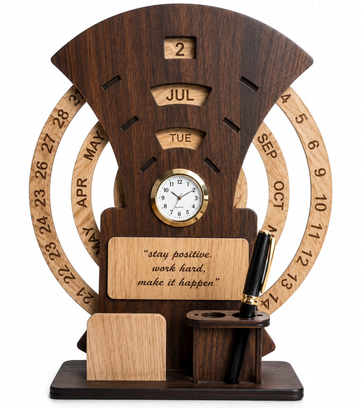 Wooden 3-in-1 Desk Organizer — Perpetual Calendar, Analog Clock & Pen Holder