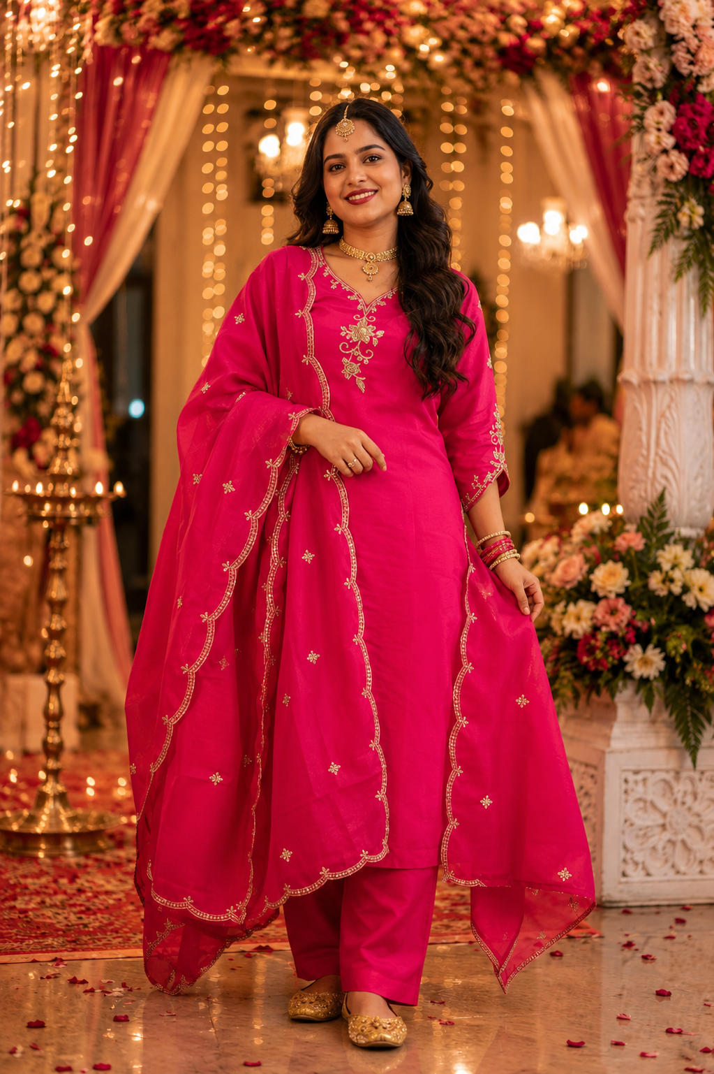 Pink Zari Embroidered Kurta Set — Cotton Kurta with Dupatta & Pants | Festive & Casual Wear | S to XXXL