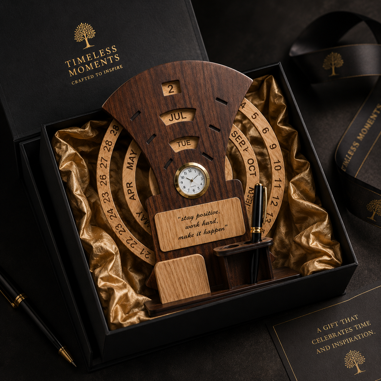 Wooden 3-in-1 Desk Organizer — Perpetual Calendar, Analog Clock & Pen Holder