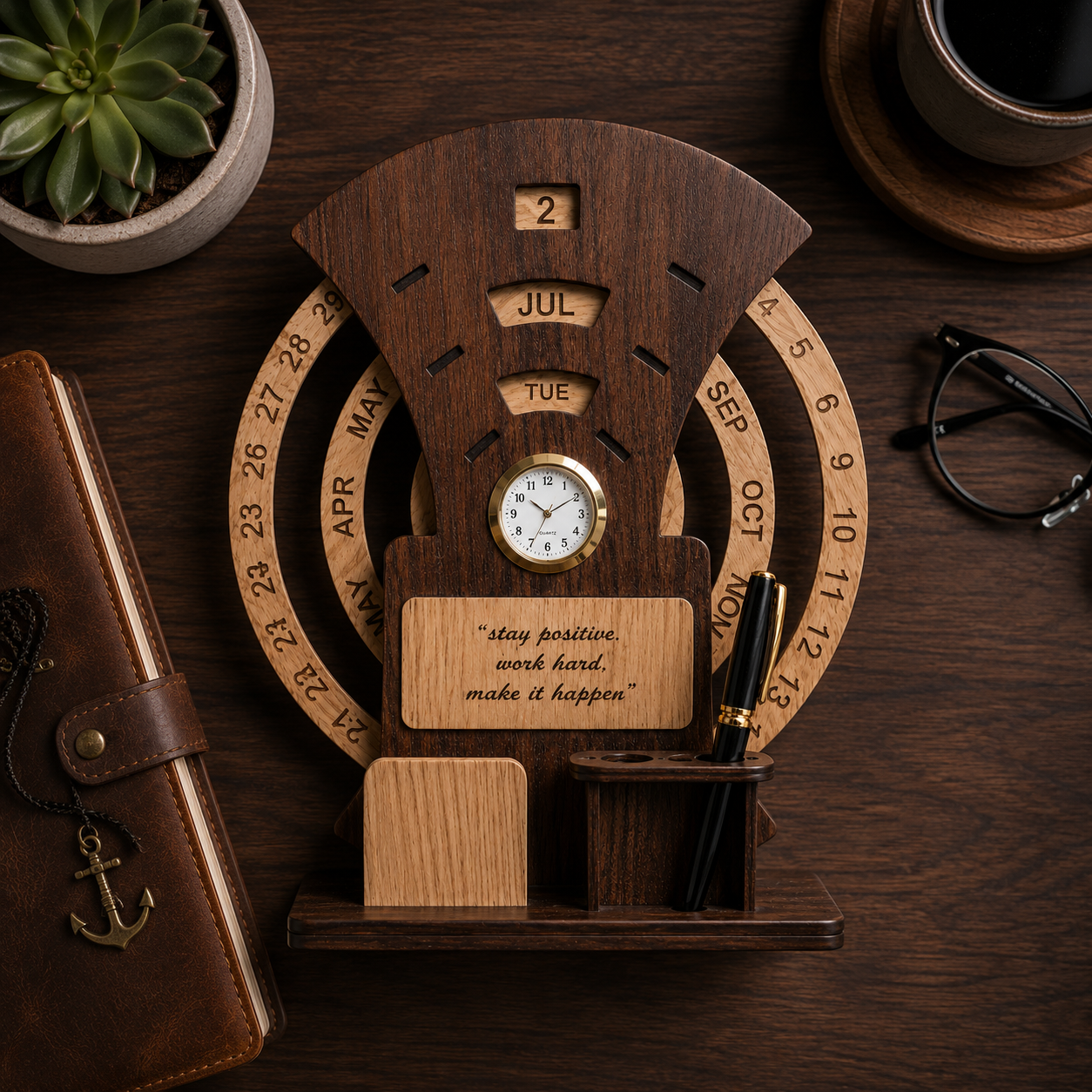 Wooden 3-in-1 Desk Organizer — Perpetual Calendar, Analog Clock & Pen Holder