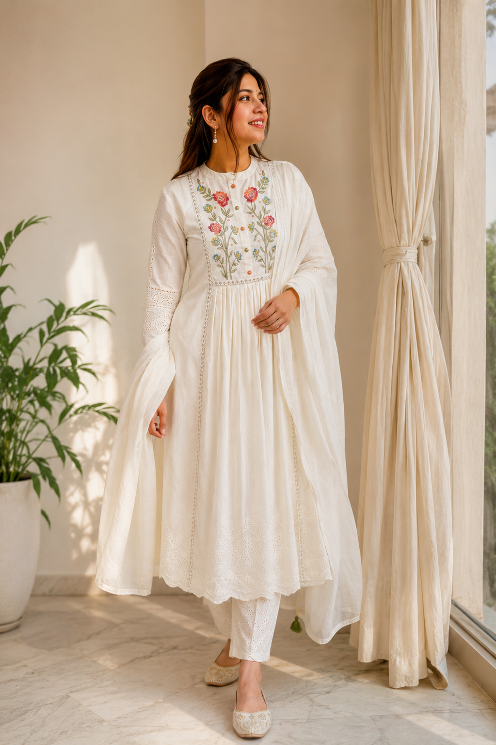 Khadi Cotton Embroidered White Kurti, Pant & Dupatta Set | Elegant 3-Piece Ethnic Wear for Women