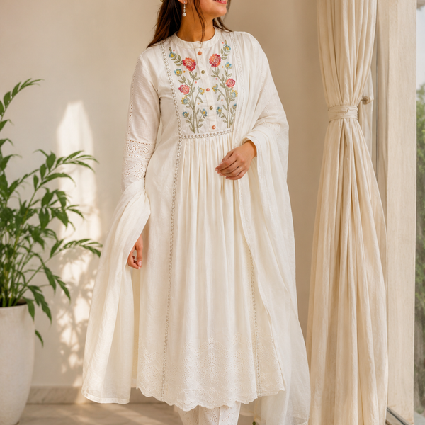 Khadi Cotton Embroidered White Kurti, Pant & Dupatta Set | Elegant 3-Piece Ethnic Wear for Women