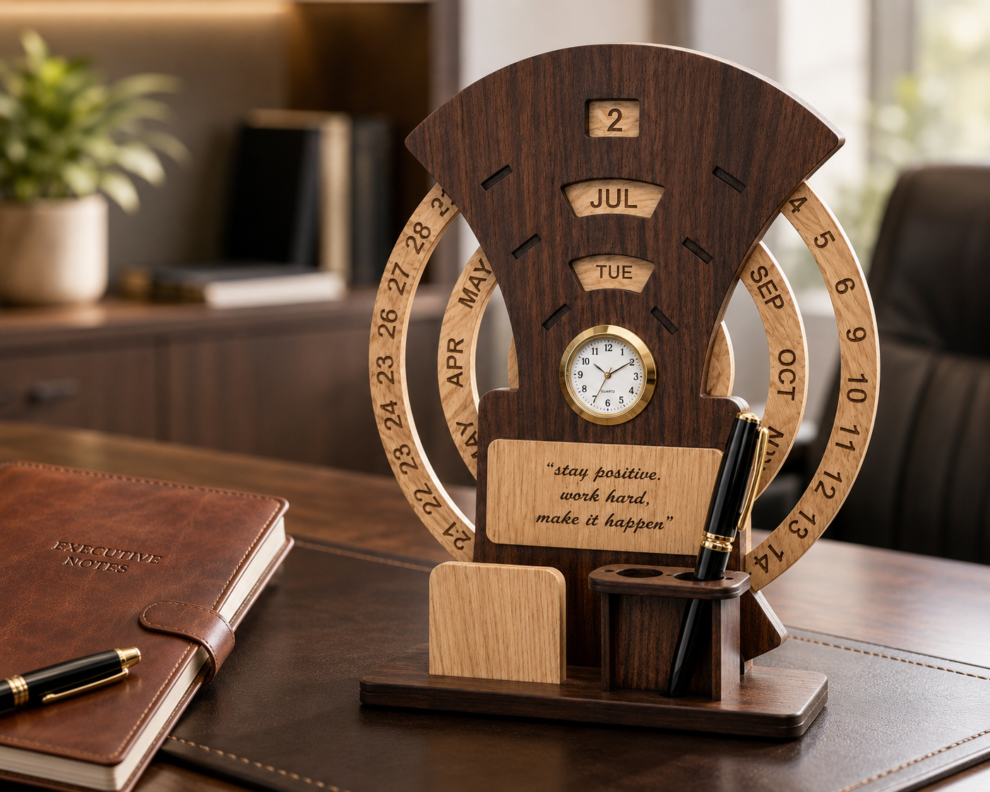 Wooden 3-in-1 Desk Organizer — Perpetual Calendar, Analog Clock & Pen Holder