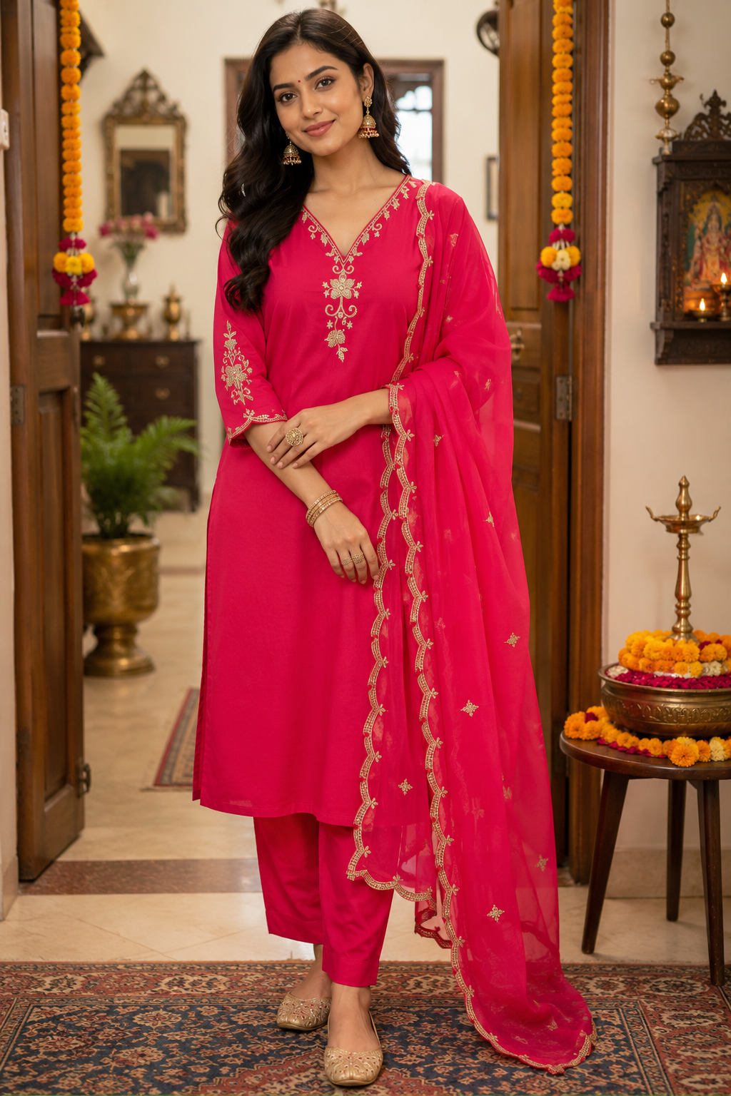 Pink Zari Embroidered Kurta Set — Cotton Kurta with Dupatta & Pants | Festive & Casual Wear | S to XXXL