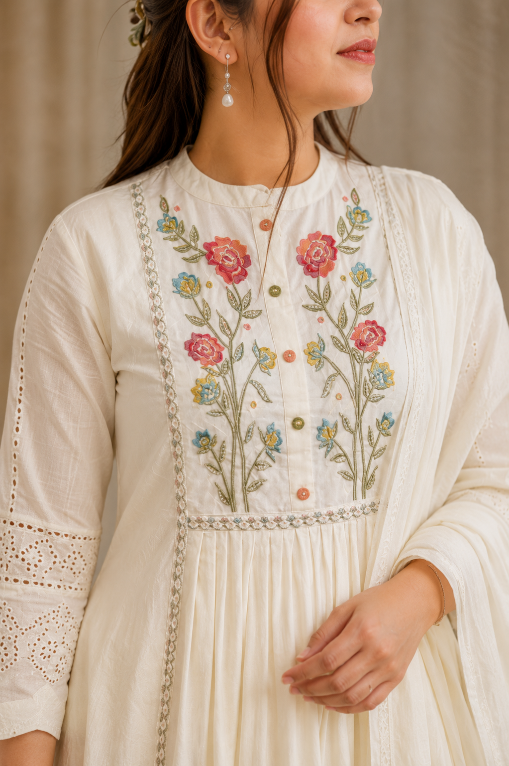Khadi Cotton Embroidered White Kurti, Pant & Dupatta Set | Elegant 3-Piece Ethnic Wear for Women