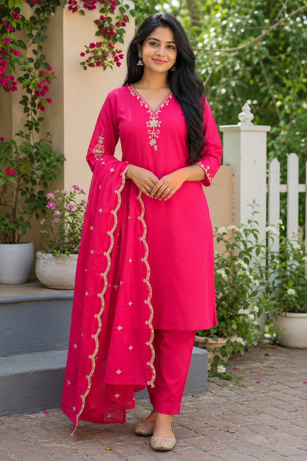 Pink Zari Embroidered Kurta Set — Cotton Kurta with Dupatta & Pants | Festive & Casual Wear | S to XXXL