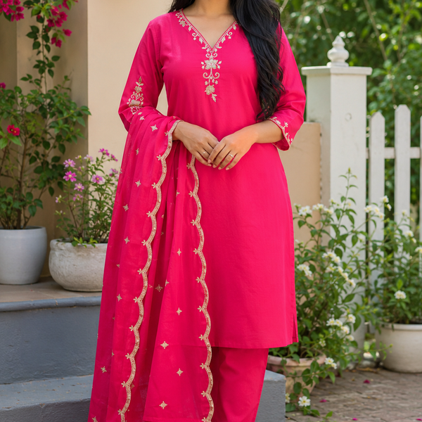 Pink Zari Embroidered Kurta Set — Cotton Kurta with Dupatta & Pants | Festive & Casual Wear | S to XXXL