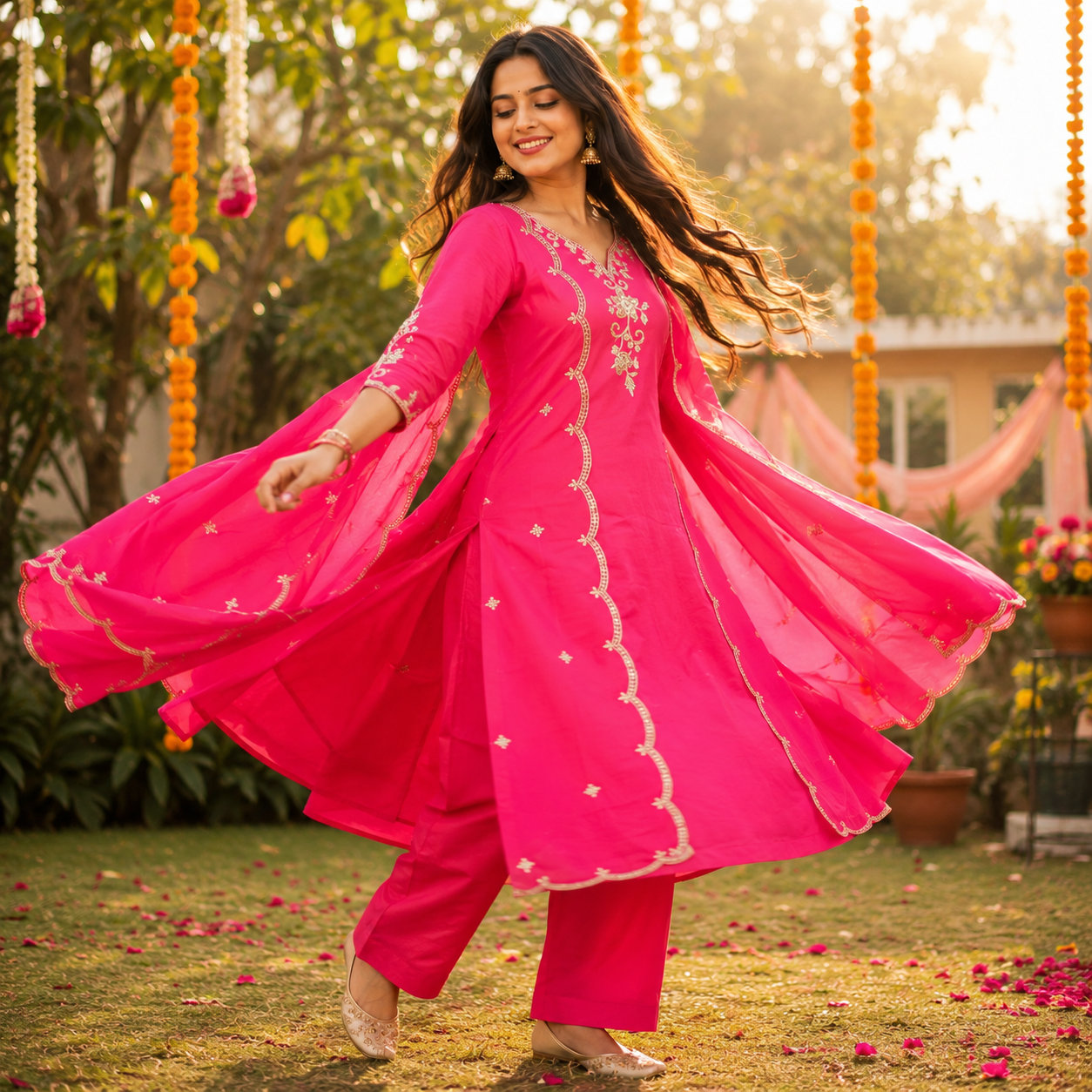 Pink Zari Embroidered Kurta Set — Cotton Kurta with Dupatta & Pants | Festive & Casual Wear | S to XXXL