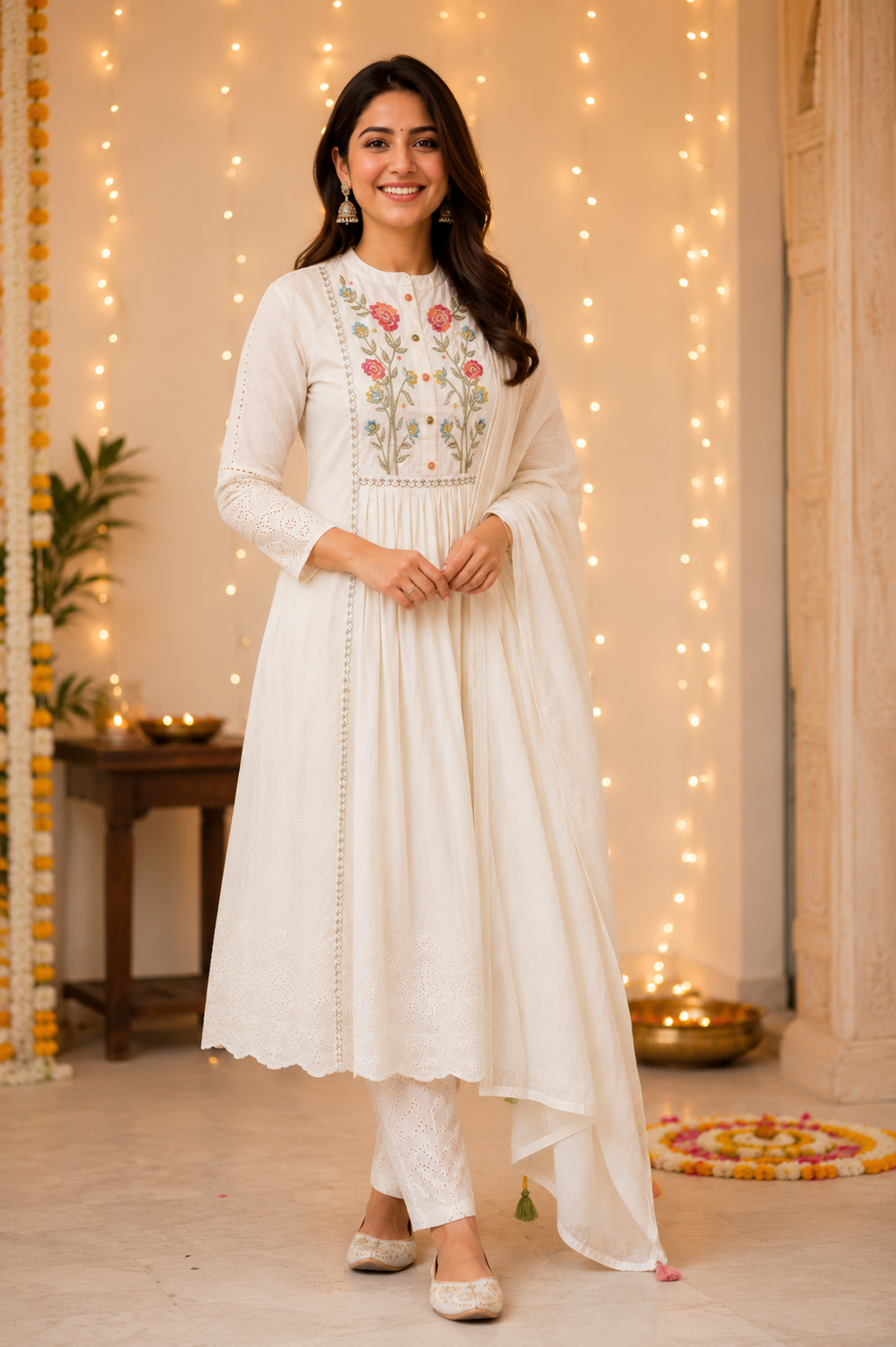 Khadi Cotton Embroidered White Kurti, Pant & Dupatta Set | Elegant 3-Piece Ethnic Wear for Women