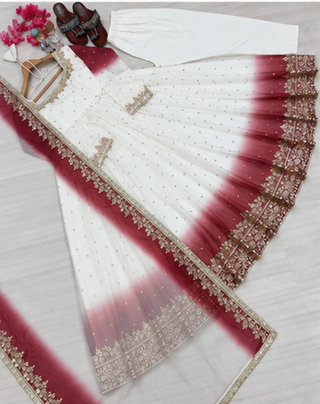 SAVENA D-1006 ivory and maroon Anarkali gown set flat lay