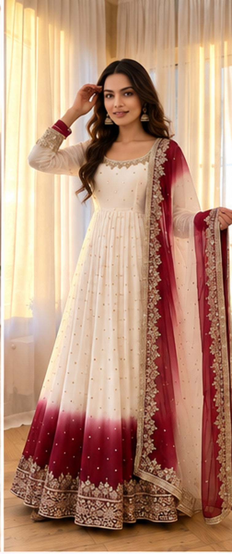 SAVENA D-1006 ivory and maroon embroidered Anarkali gown set full length