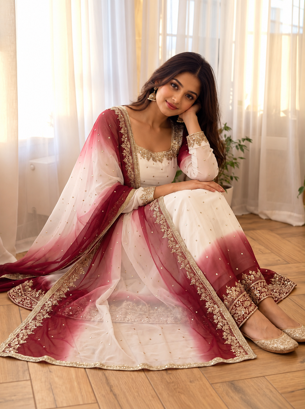SAVENA D-1006 ivory and maroon embroidered Anarkali gown set
