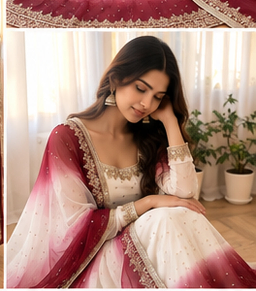 SAVENA D-1006 embroidered Anarkali gown seated portrait
